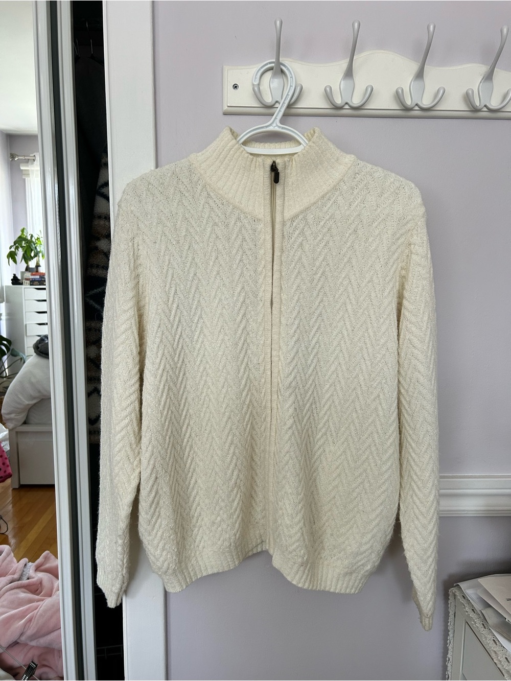 Cream Zip-Up Turtleneck Sweater - Cozy Chevron Knit